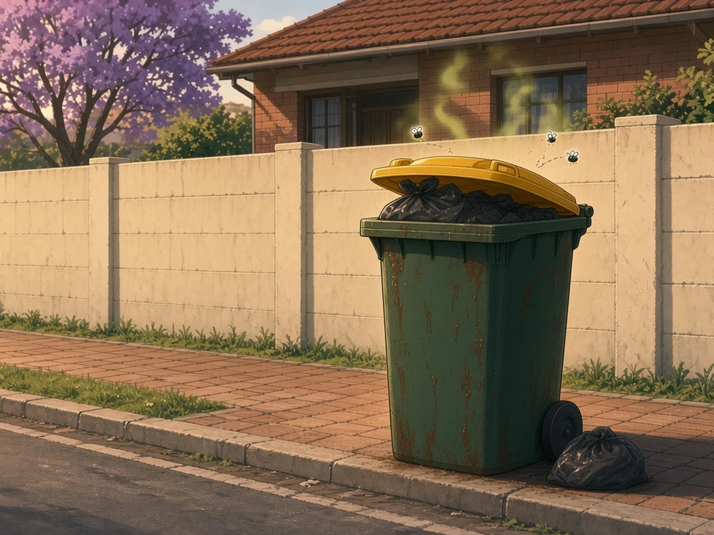 A grubby, overflowing wheelie bin out at the kerb on collection day, with flies buzzing around it