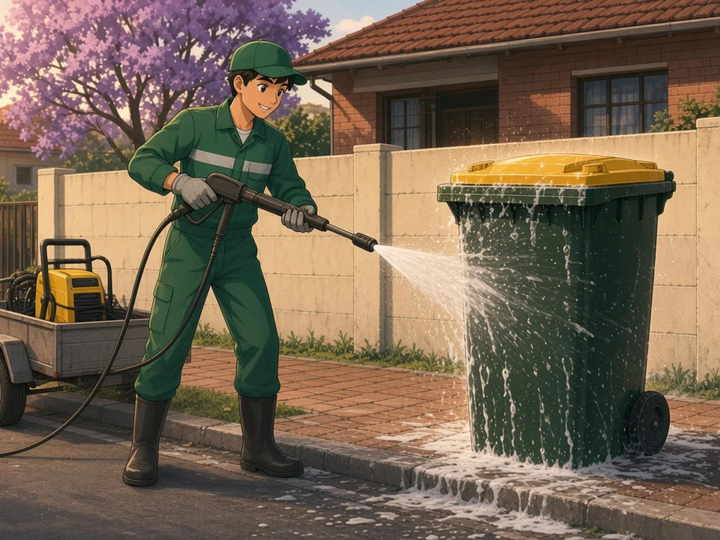 A Smiley Bins crew member pressure-washing a wheelie bin