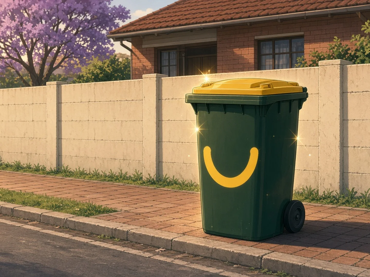 A sparkling-clean, smiling wheelie bin back in place